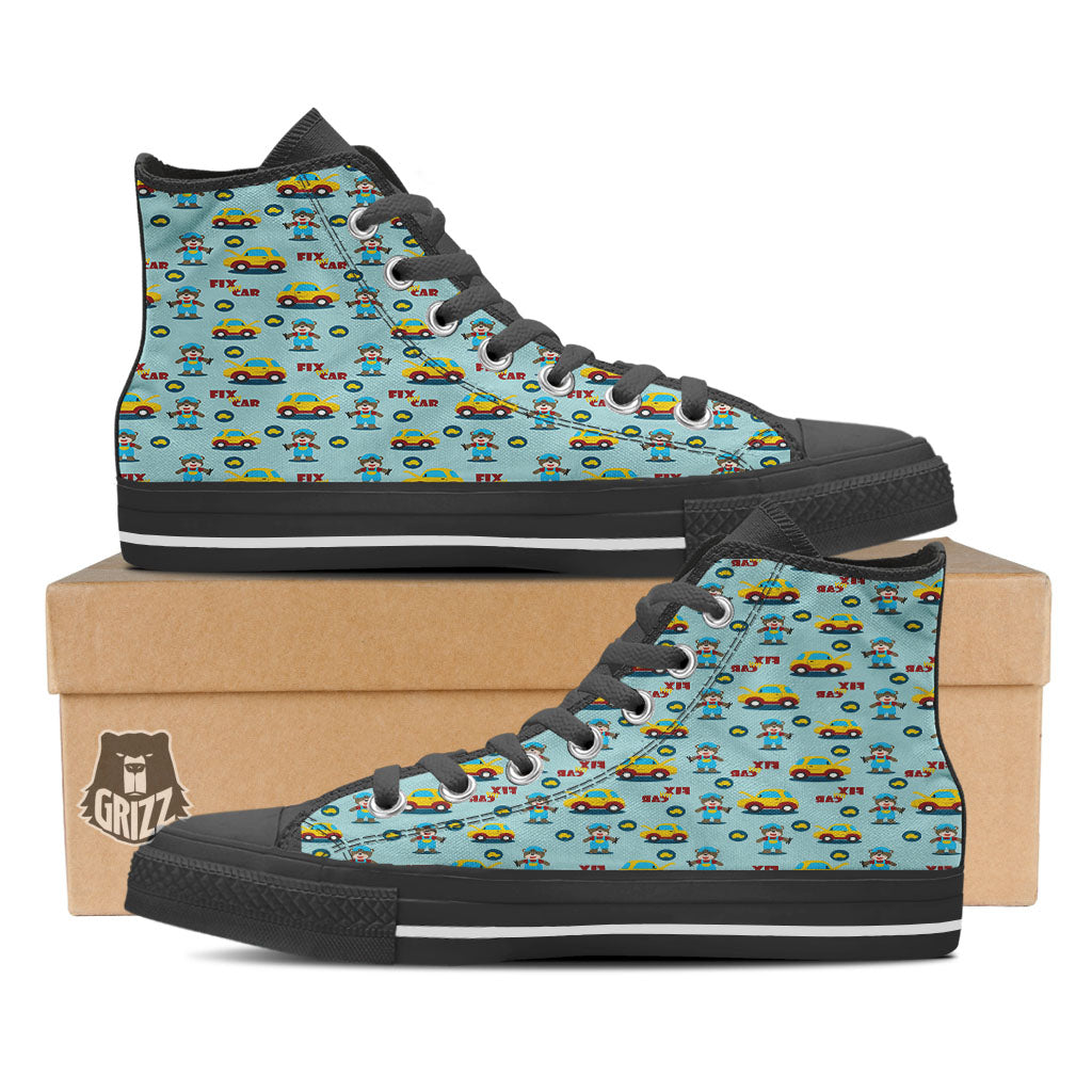 Mechanic Cartoon Print Pattern Black High Top Shoes-grizzshop