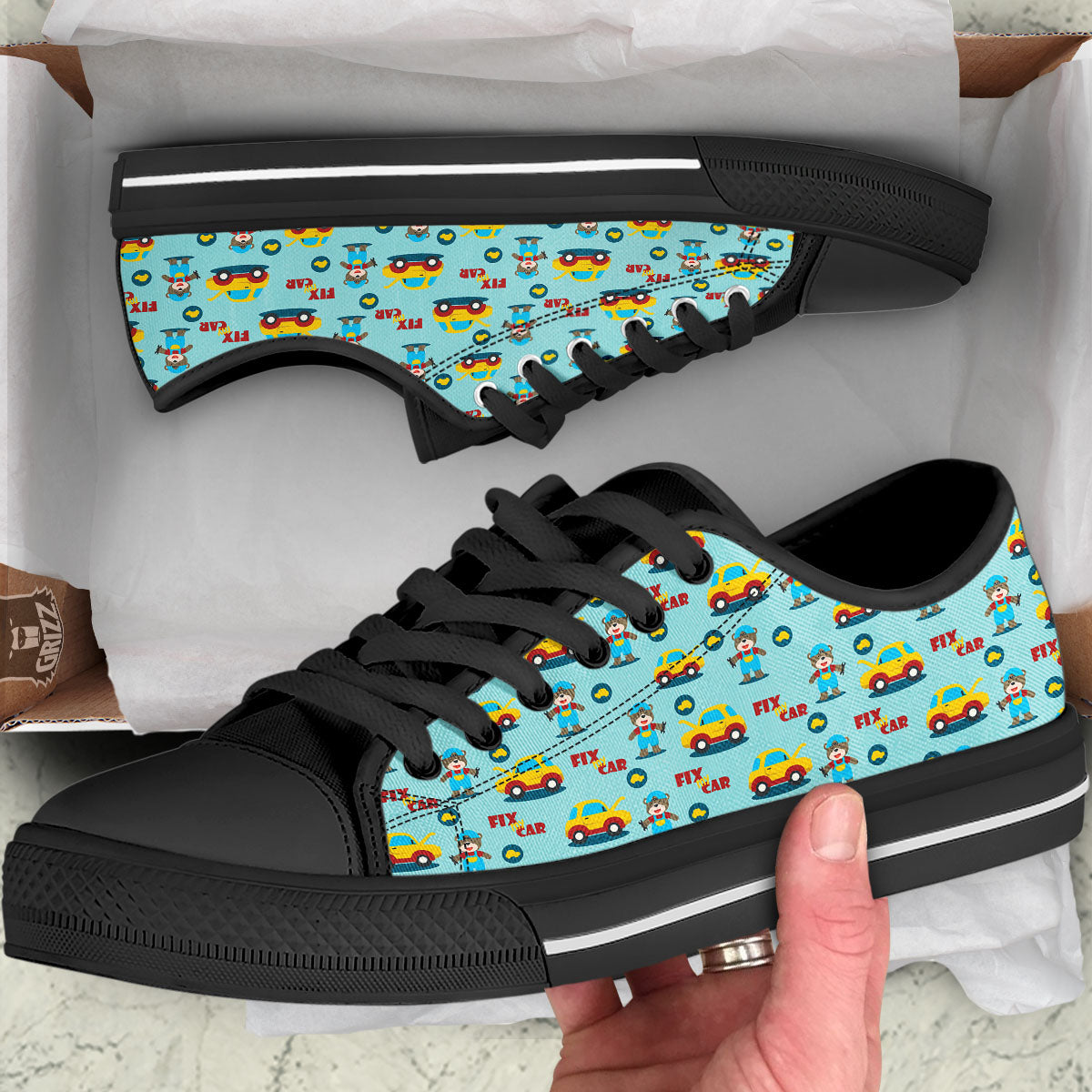 Mechanic Cartoon Print Pattern Black Low Top Shoes-grizzshop