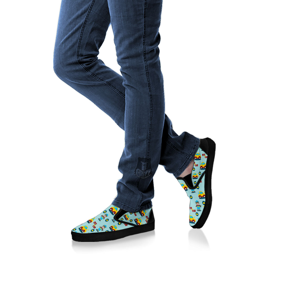Mechanic Cartoon Print Pattern Black Slip On Shoes-grizzshop