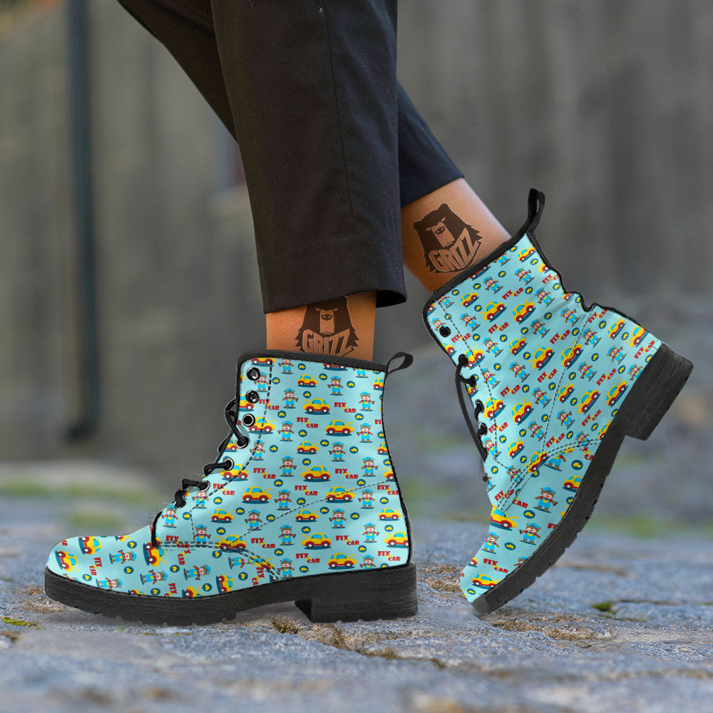 Mechanic Cartoon Print Pattern Leather Boots-grizzshop