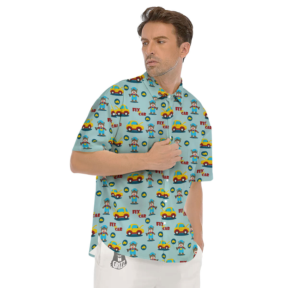 Mechanic Cartoon Print Pattern Men's Short Sleeve Shirts-grizzshop