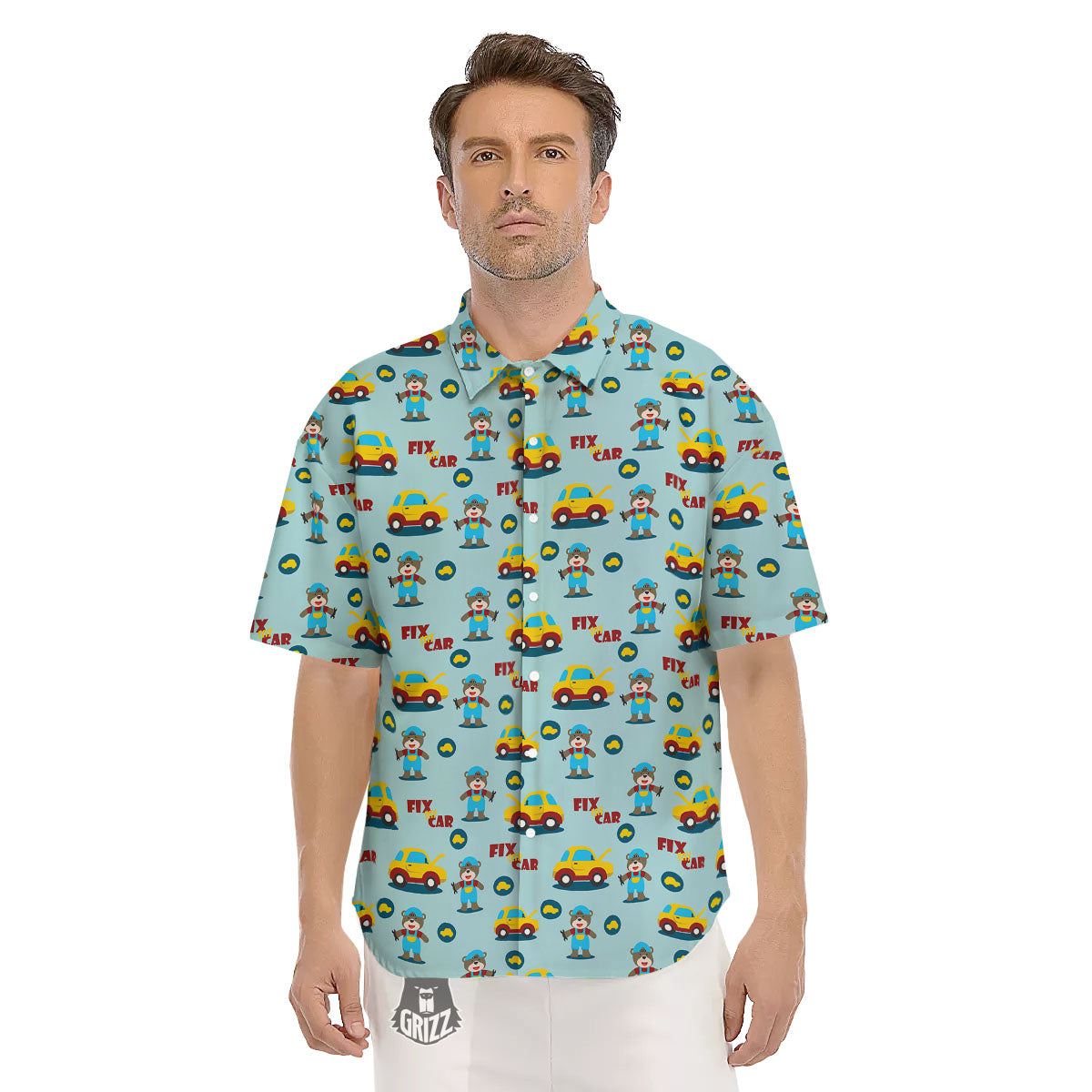 Mechanic Cartoon Print Pattern Men's Short Sleeve Shirts-grizzshop