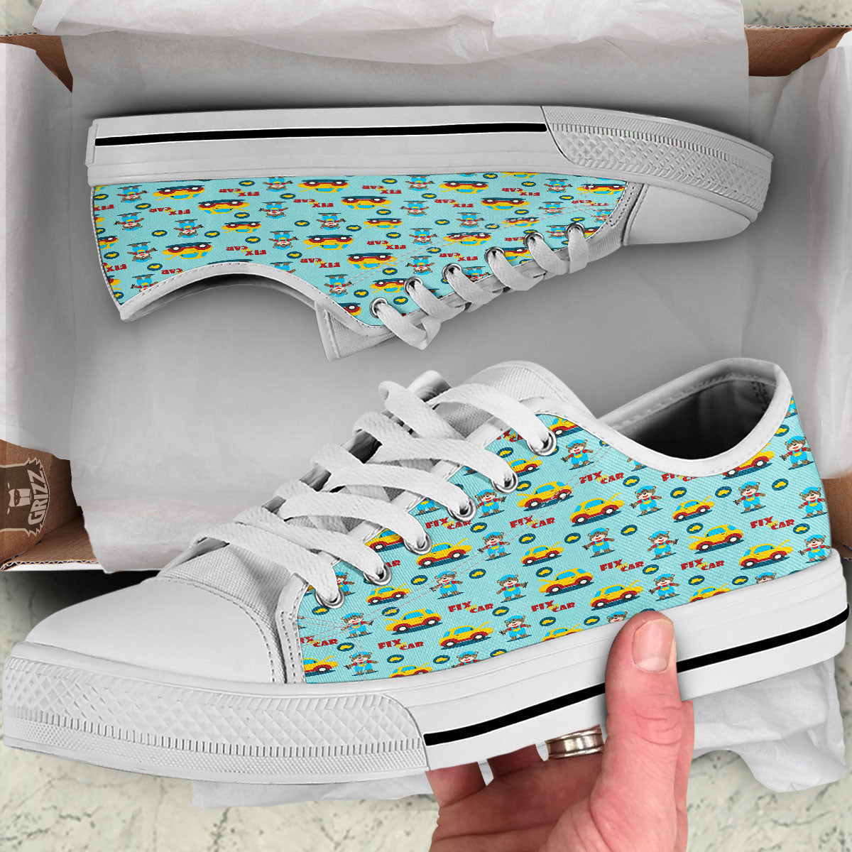 Mechanic Cartoon Print Pattern White Low Top Shoes-grizzshop