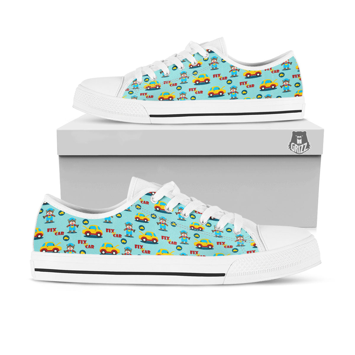 Mechanic Cartoon Print Pattern White Low Top Shoes-grizzshop