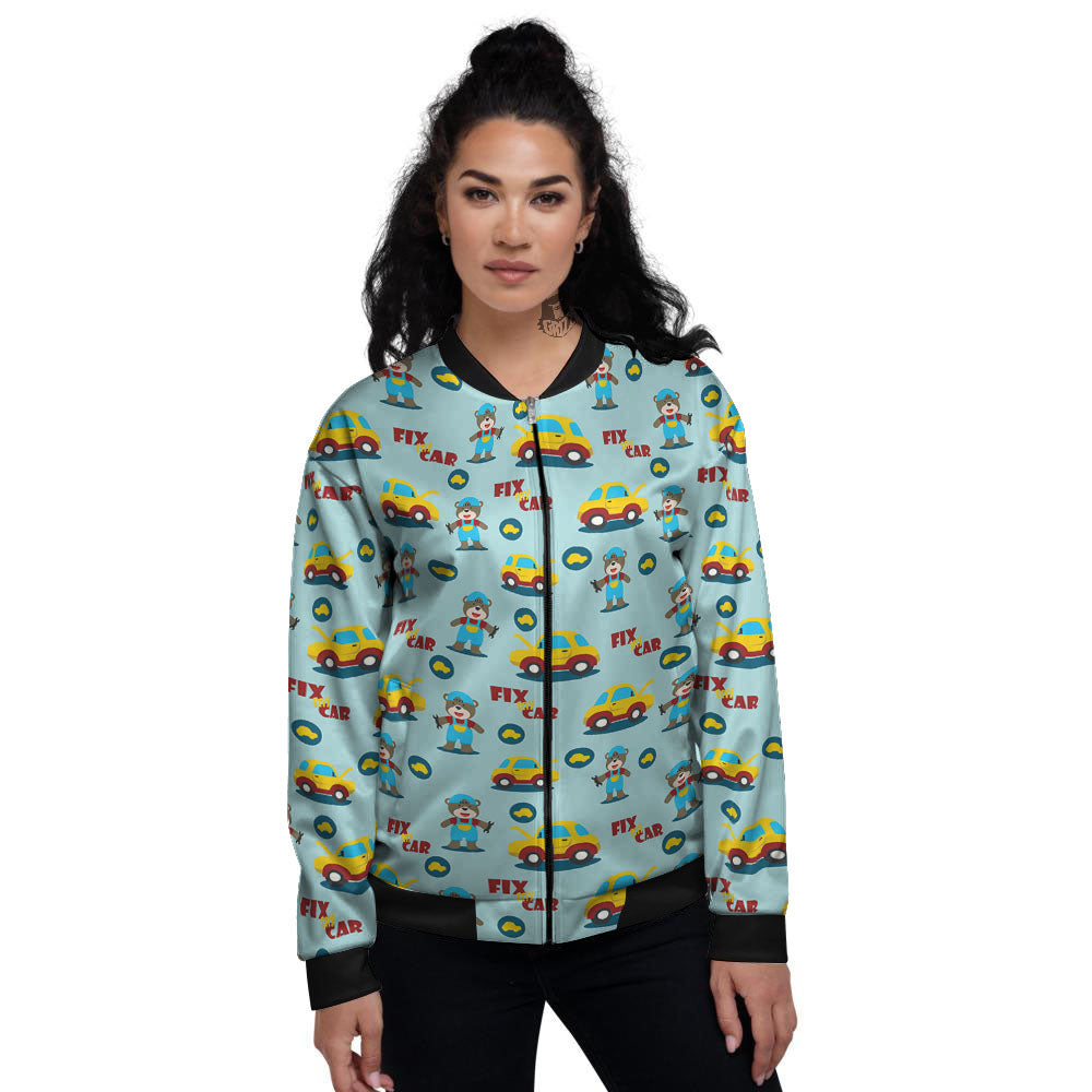 Mechanic Cartoon Print Pattern Women's Bomber Jacket-grizzshop