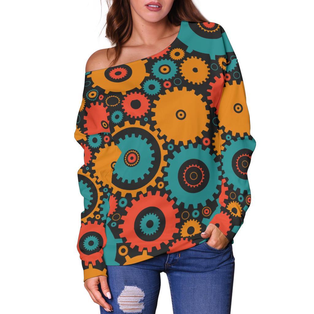 Mechanic Colorful Pattern Print Women Off Shoulder Sweatshirt-grizzshop