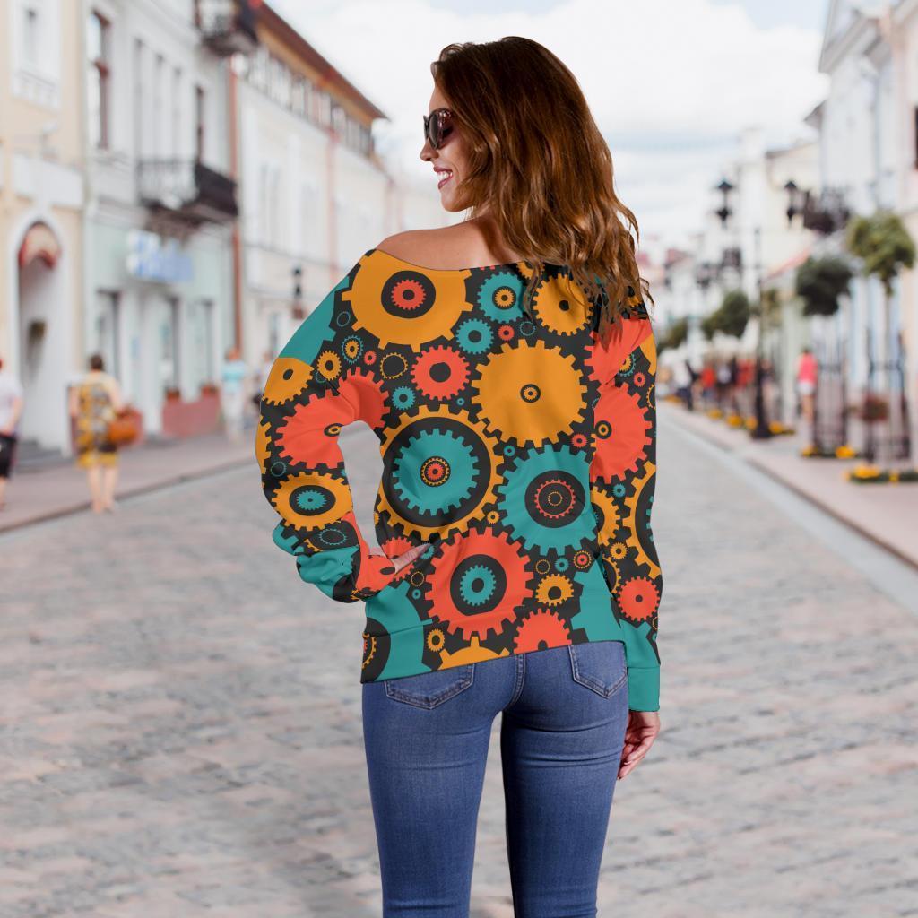 Mechanic Colorful Pattern Print Women Off Shoulder Sweatshirt-grizzshop