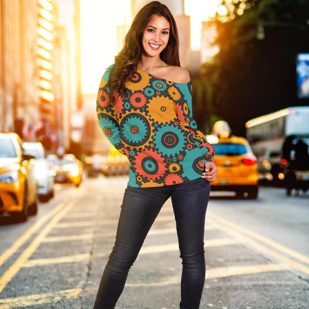 Mechanic Colorful Pattern Print Women Off Shoulder Sweatshirt-grizzshop