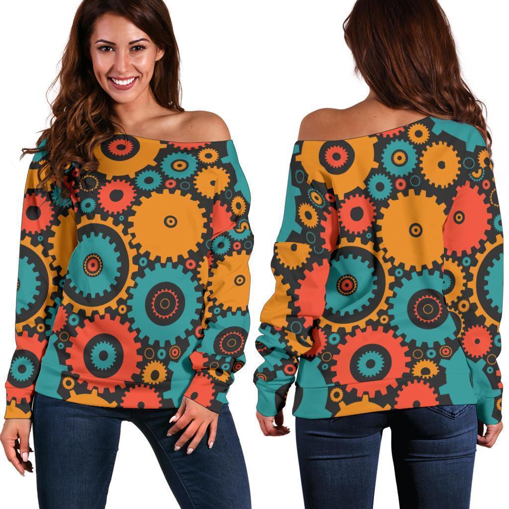 Mechanic Colorful Pattern Print Women Off Shoulder Sweatshirt-grizzshop