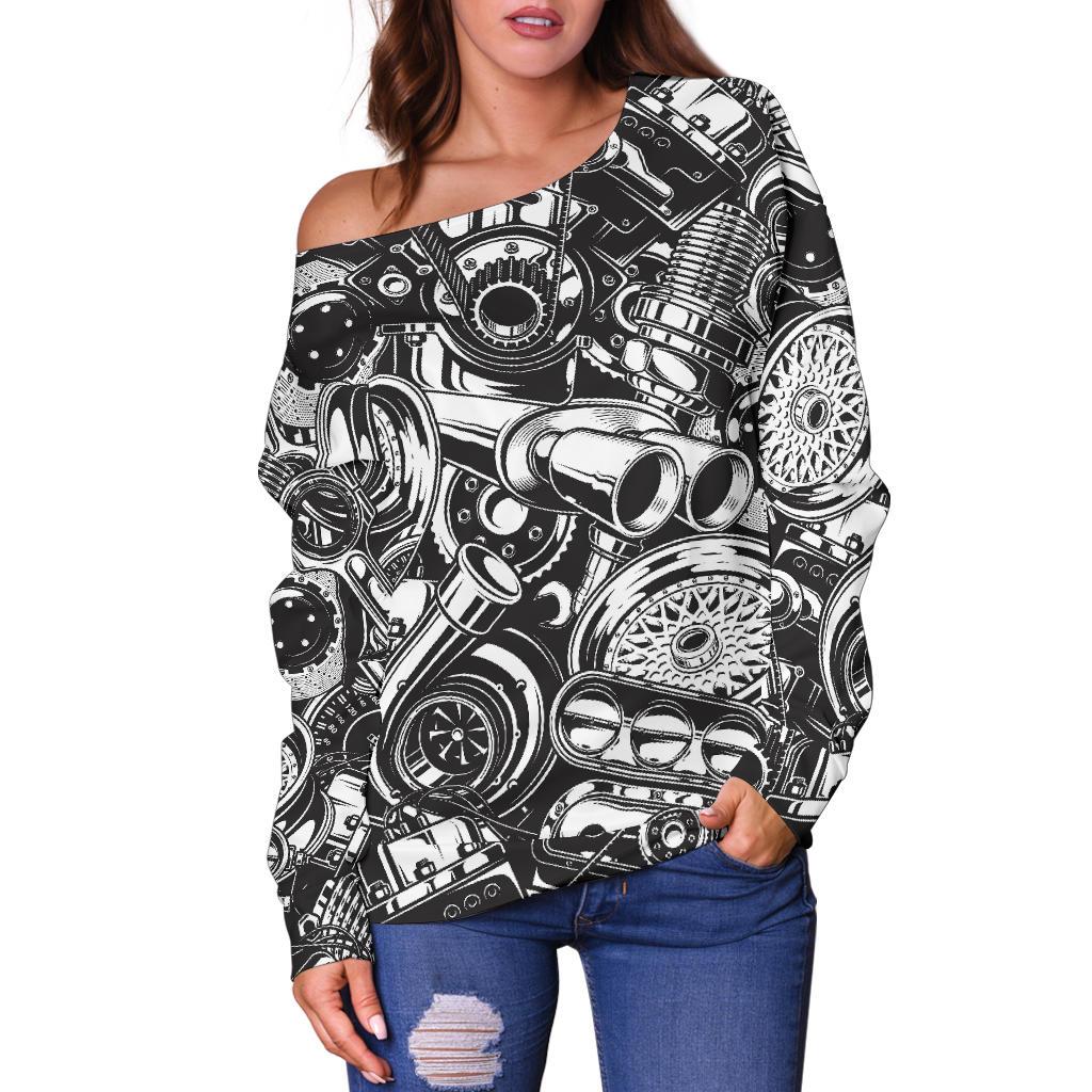 Mechanic Pattern Print Women Off Shoulder Sweatshirt-grizzshop