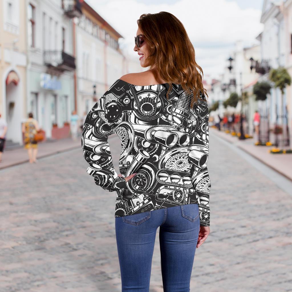 Mechanic Pattern Print Women Off Shoulder Sweatshirt-grizzshop