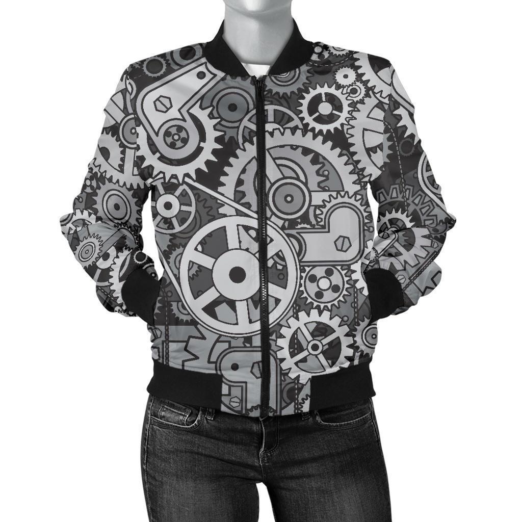 Mechanic Print Pattern Women Casual Bomber Jacket-grizzshop