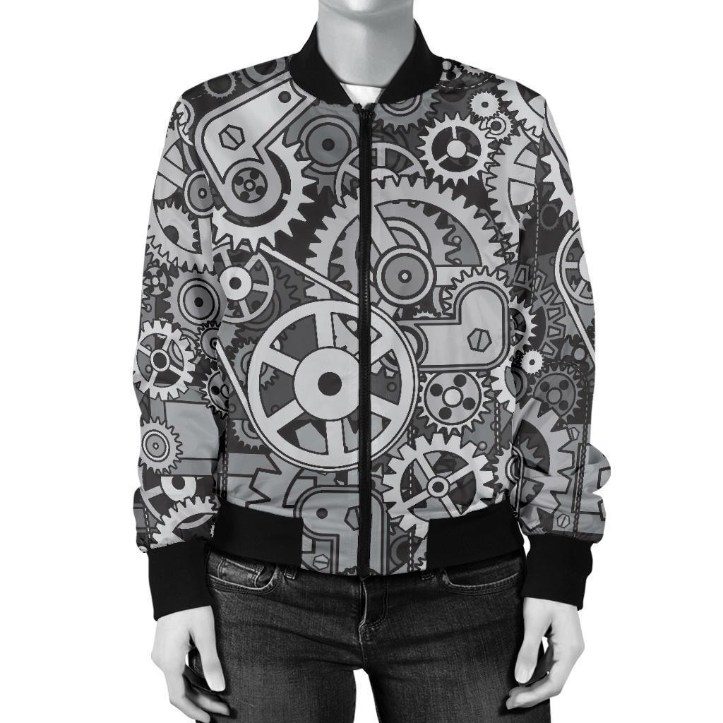 Mechanic Print Pattern Women Casual Bomber Jacket-grizzshop