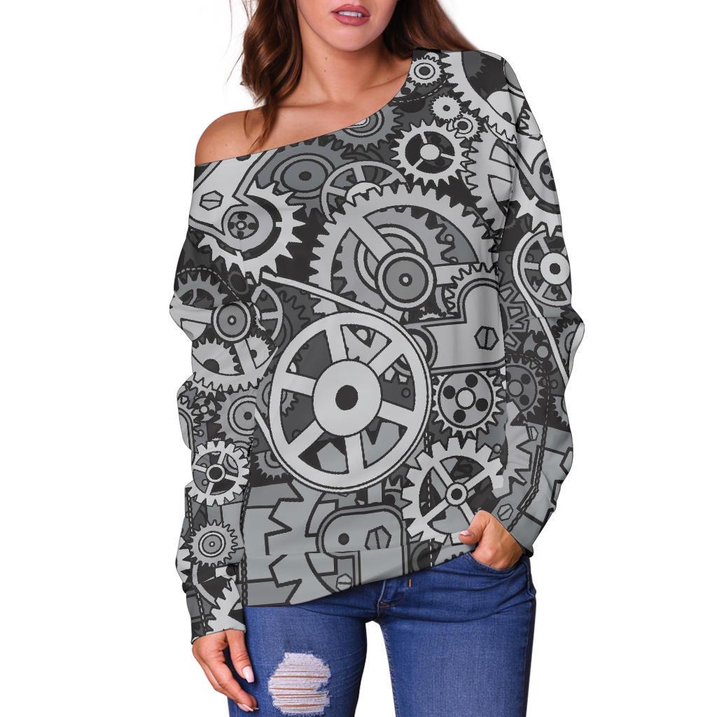 Mechanic Print Pattern Women Off Shoulder Sweatshirt-grizzshop