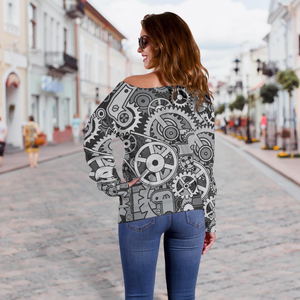 Mechanic Print Pattern Women Off Shoulder Sweatshirt-grizzshop