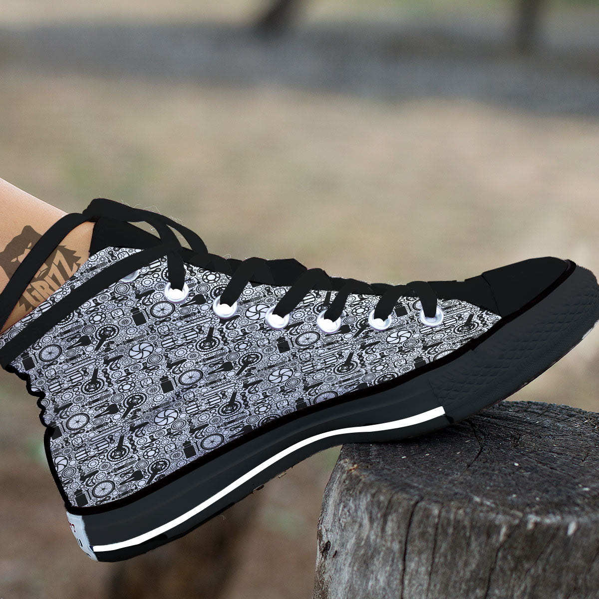 Mechanic White And Black Print Pattern Black High Top Shoes-grizzshop