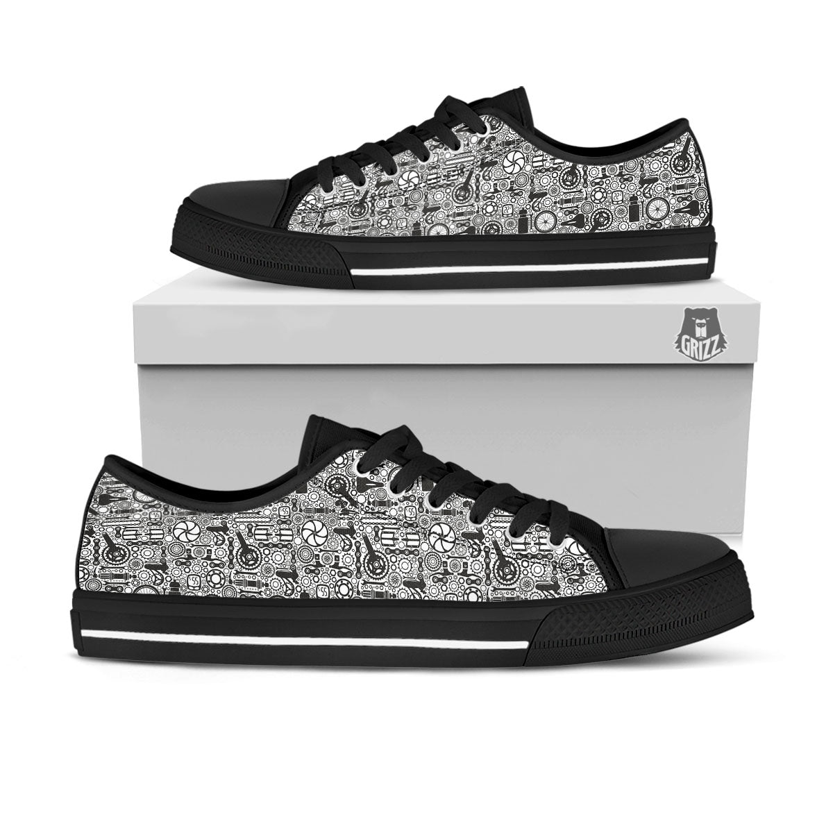 Mechanic White And Black Print Pattern Black Low Top Shoes-grizzshop