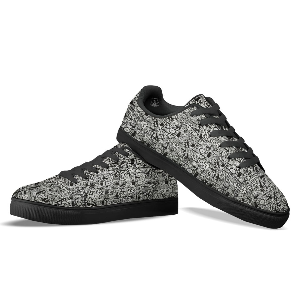 Mechanic White And Black Print Pattern Black Low Top Sneakers-grizzshop