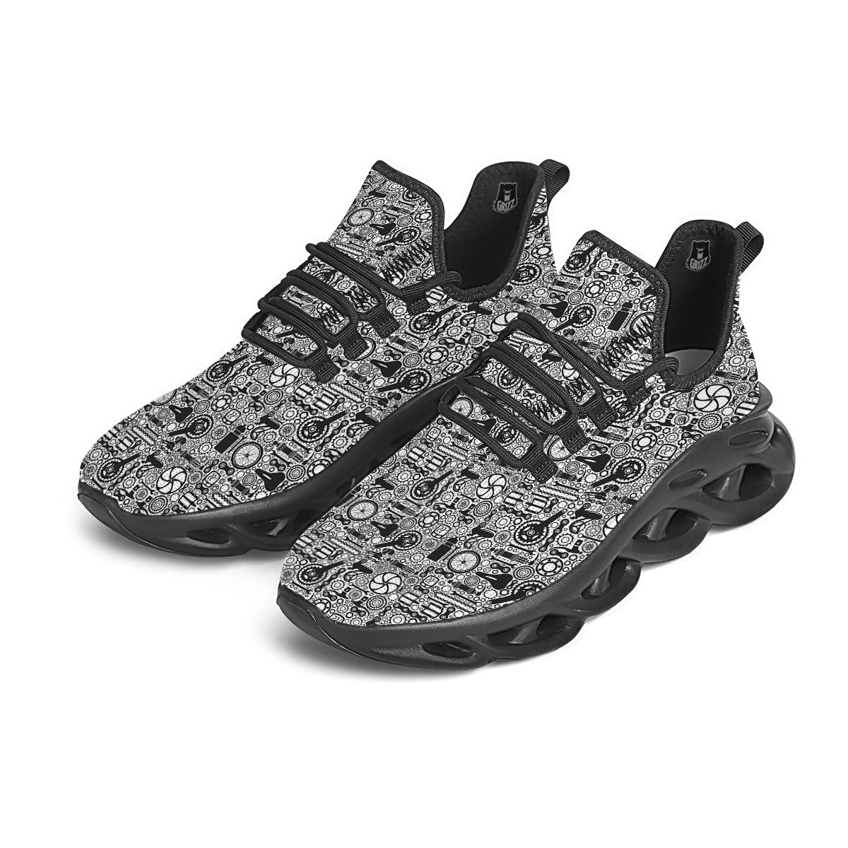 Mechanic White And Black Print Pattern Black Running Shoes-grizzshop