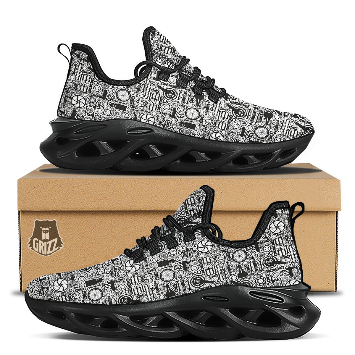 Mechanic White And Black Print Pattern Black Running Shoes-grizzshop