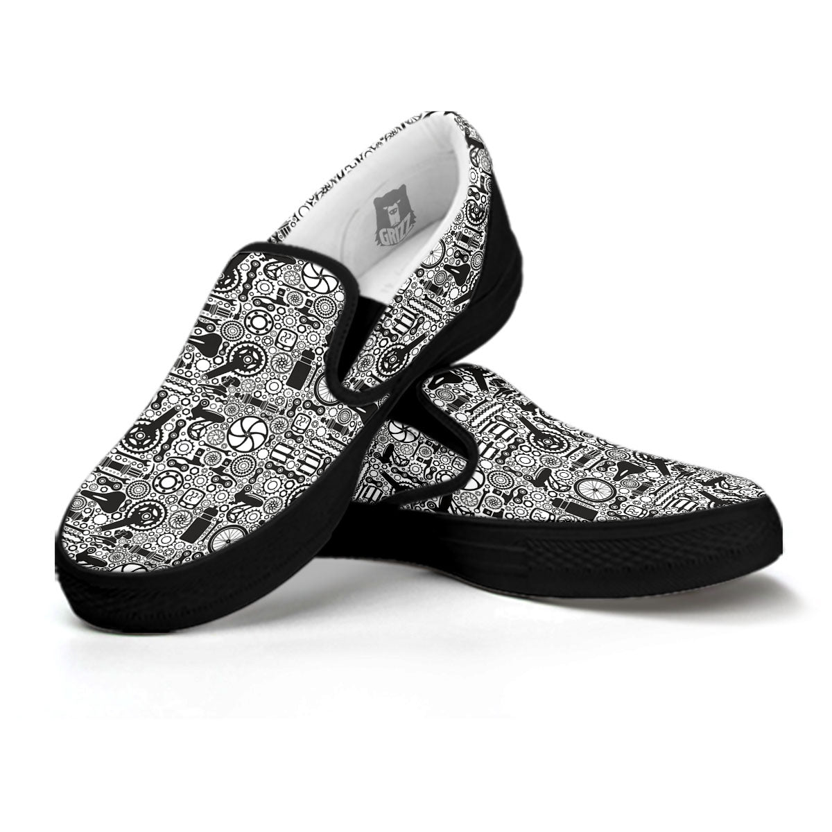 Mechanic White And Black Print Pattern Black Slip On Shoes-grizzshop