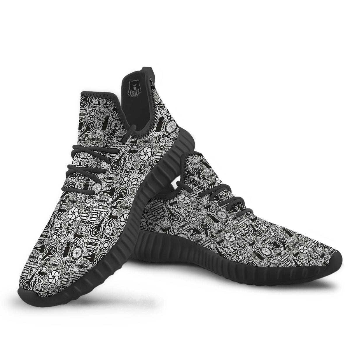 Mechanic White And Black Print Pattern Black Walking Shoes-grizzshop