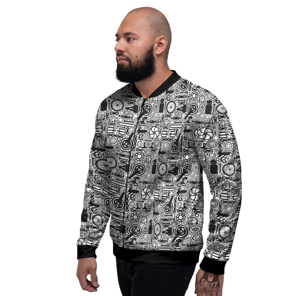 Mechanic White And Black Print Pattern Men's Bomber Jacket-grizzshop