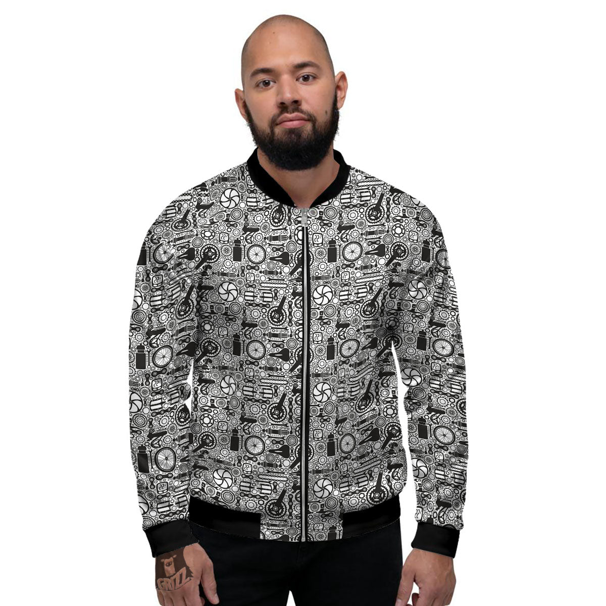 Mechanic White And Black Print Pattern Men's Bomber Jacket-grizzshop