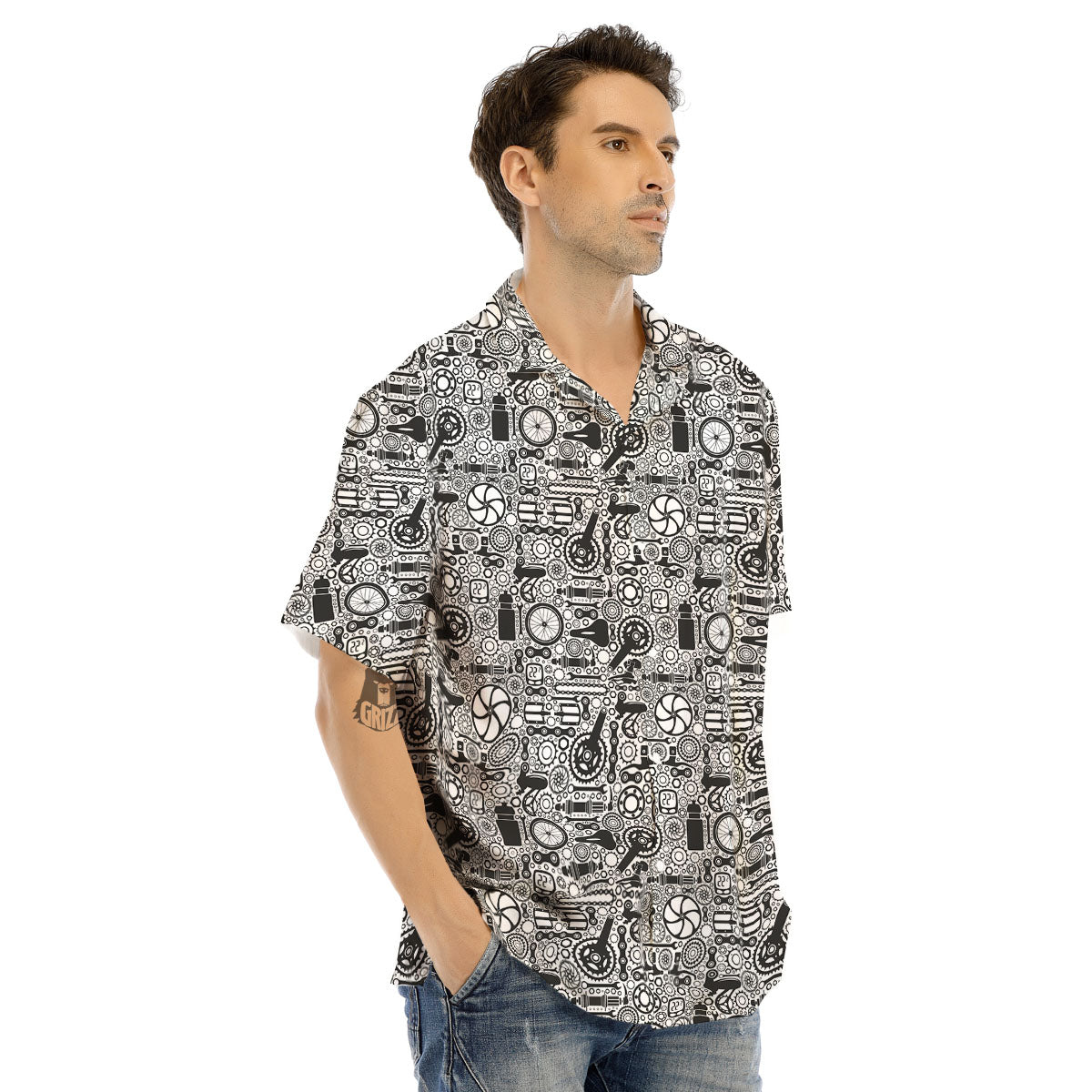 Mechanic White And Black Print Pattern Men's Hawaiian Shirt-grizzshop