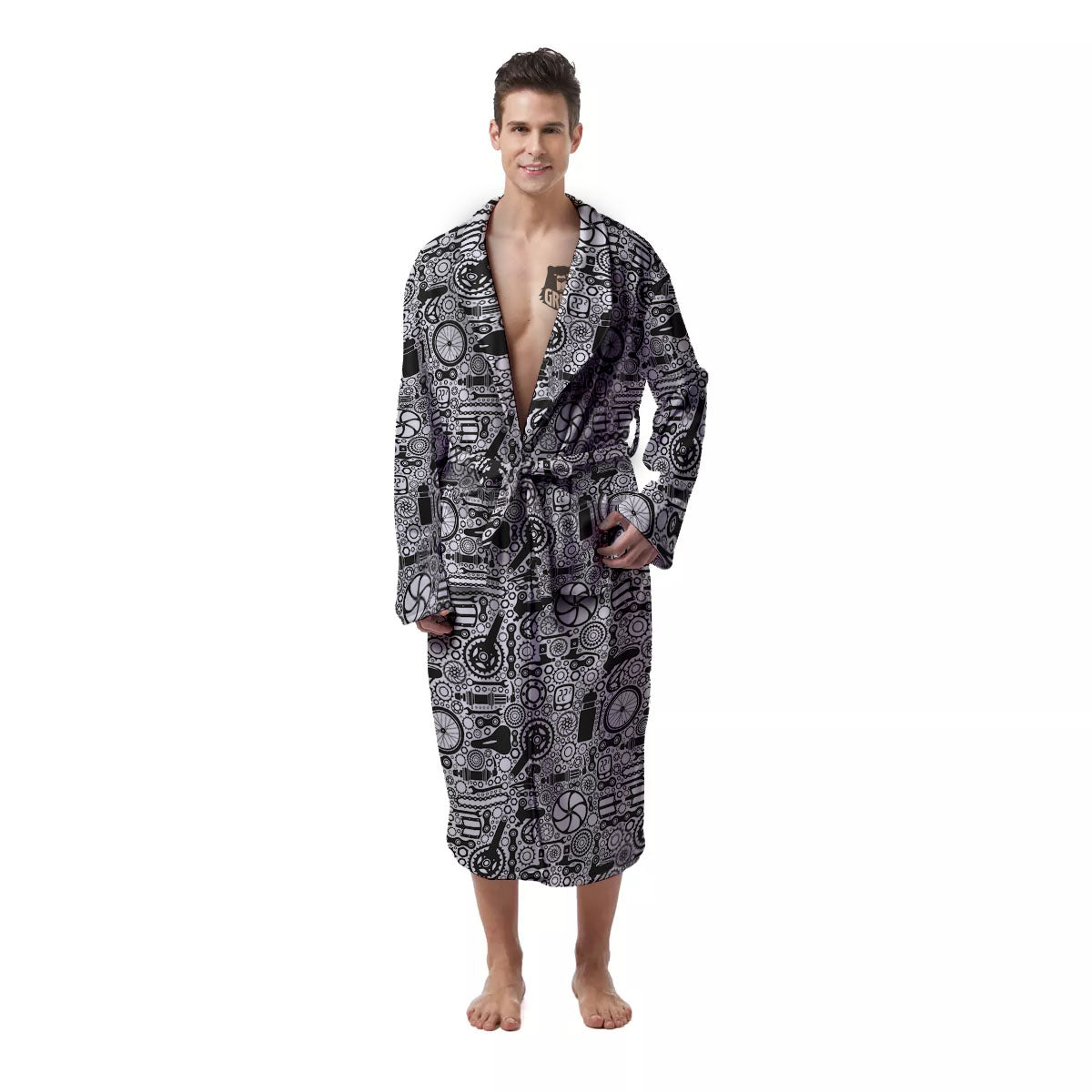 Mechanic White And Black Print Pattern Men's Robe-grizzshop