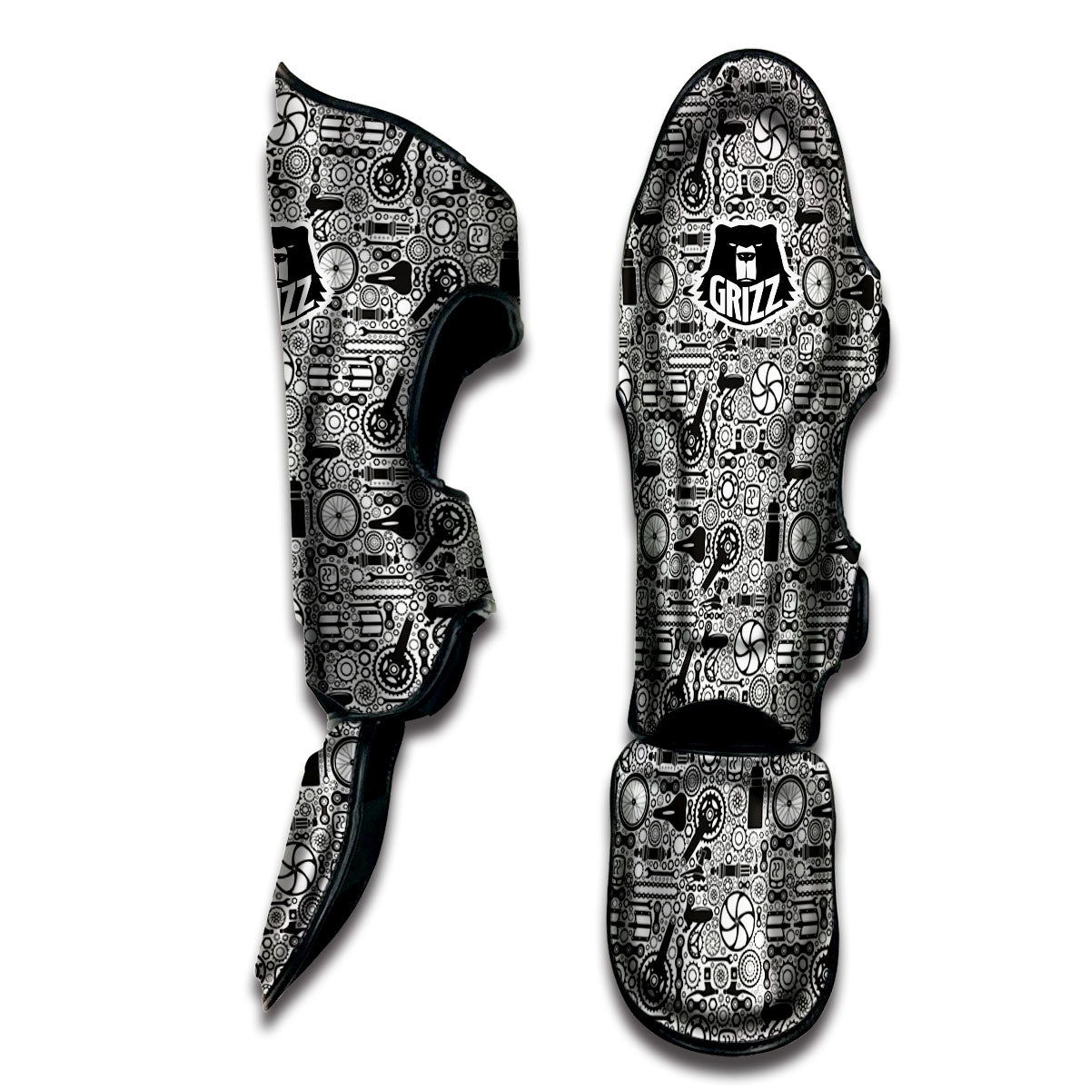 Mechanic White And Black Print Pattern Muay Thai Shin Guards-grizzshop
