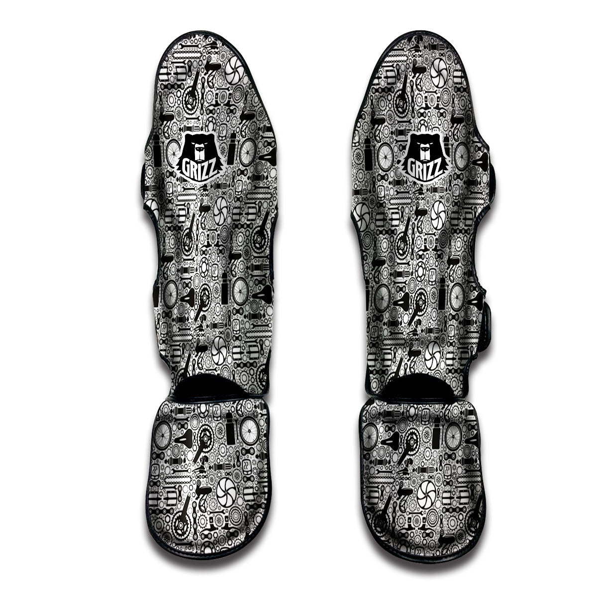 Mechanic White And Black Print Pattern Muay Thai Shin Guards-grizzshop