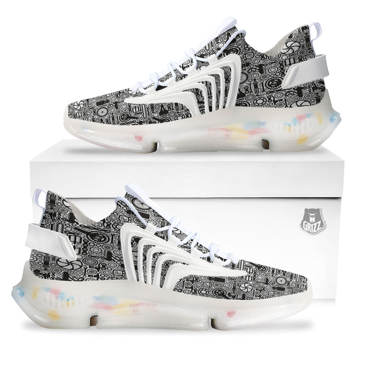 Mechanic White And Black Print Pattern White Gym Shoes-grizzshop