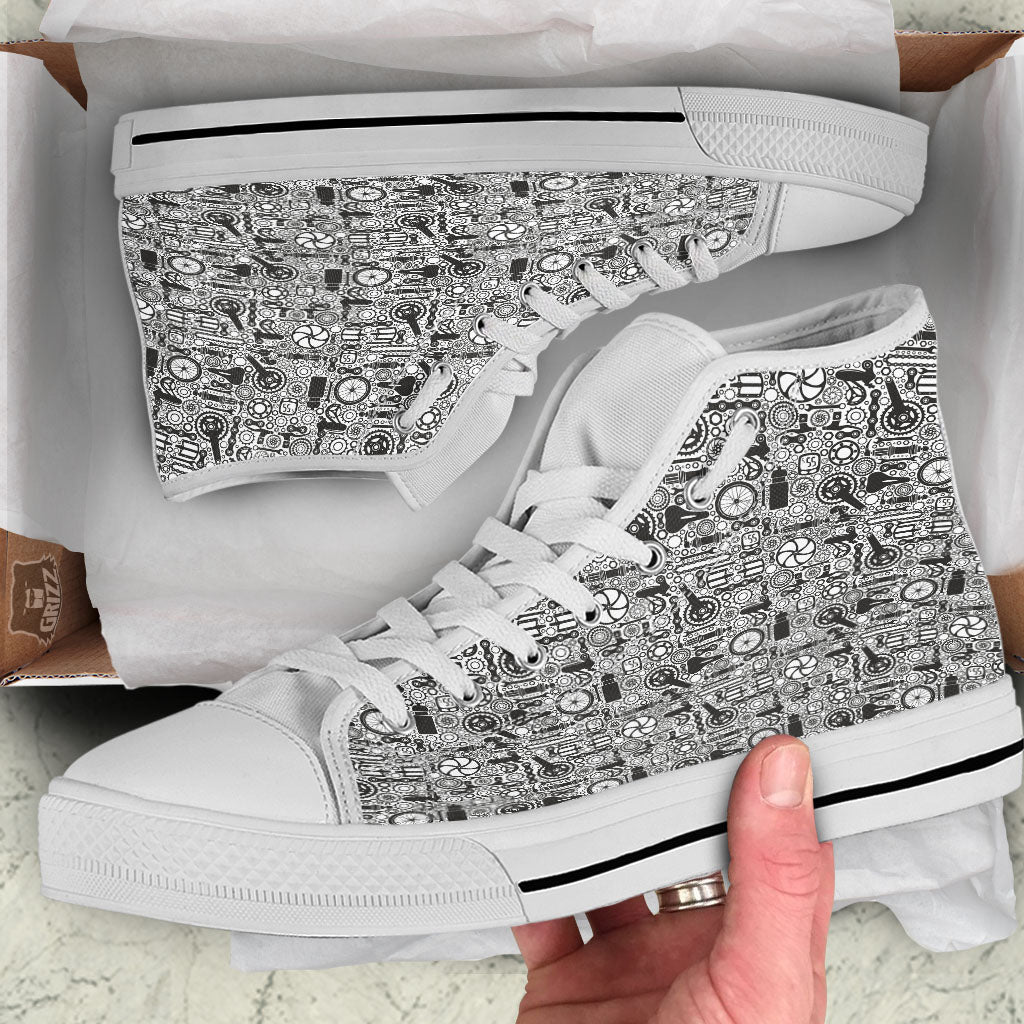 Mechanic White And Black Print Pattern White High Top Shoes-grizzshop
