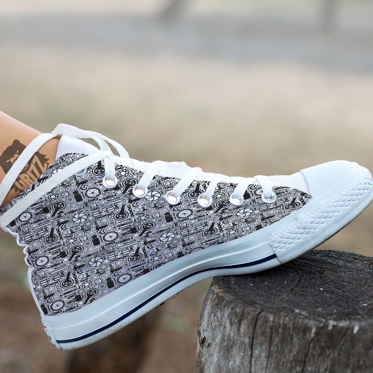 Mechanic White And Black Print Pattern White High Top Shoes-grizzshop