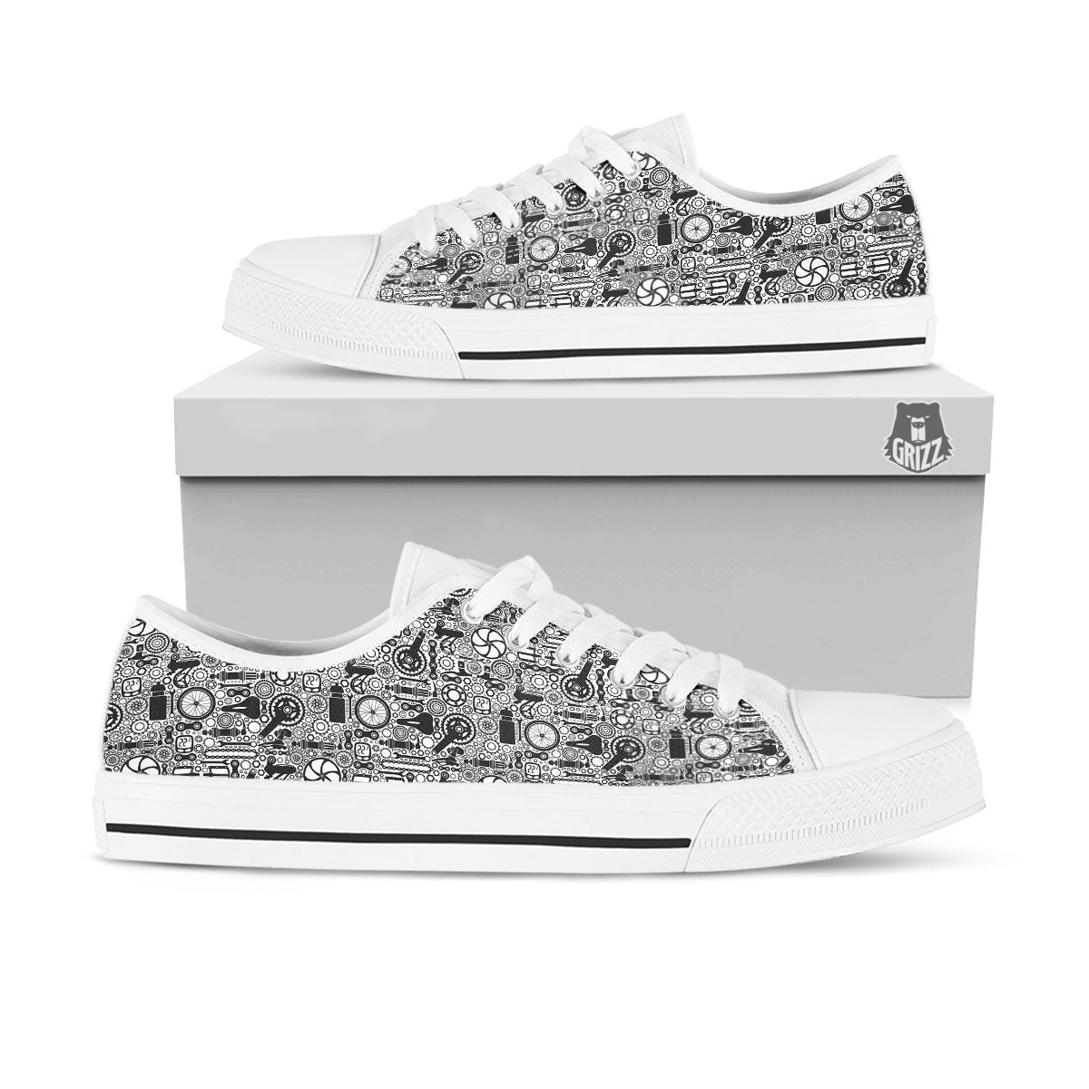 Mechanic White And Black Print Pattern White Low Top Shoes-grizzshop