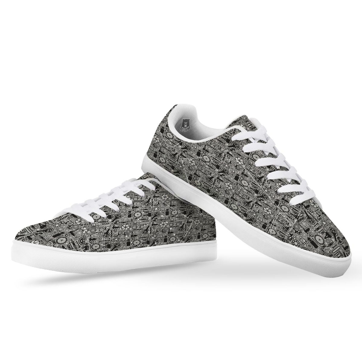 Mechanic White And Black Print Pattern White Low Top Sneakers-grizzshop