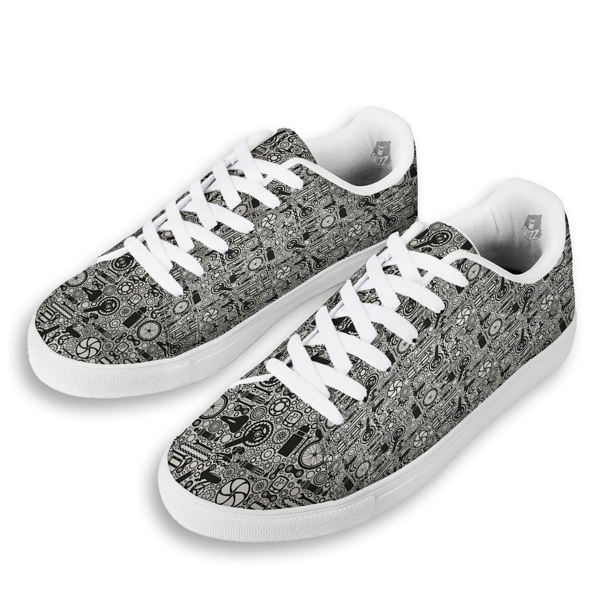 Mechanic White And Black Print Pattern White Low Top Sneakers-grizzshop