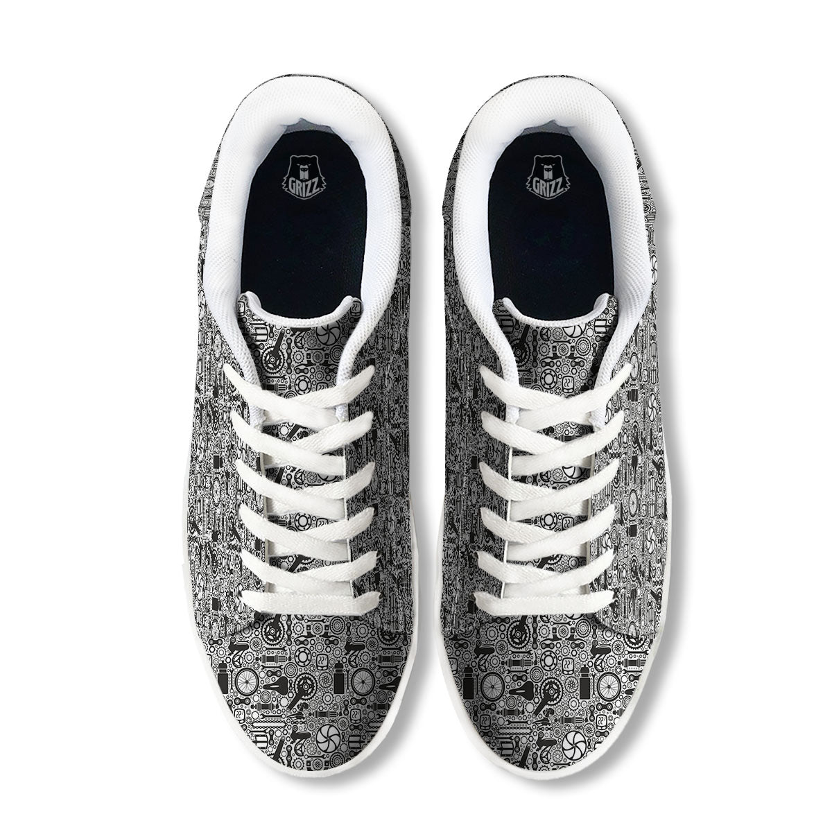 Mechanic White And Black Print Pattern White Low Top Sneakers-grizzshop