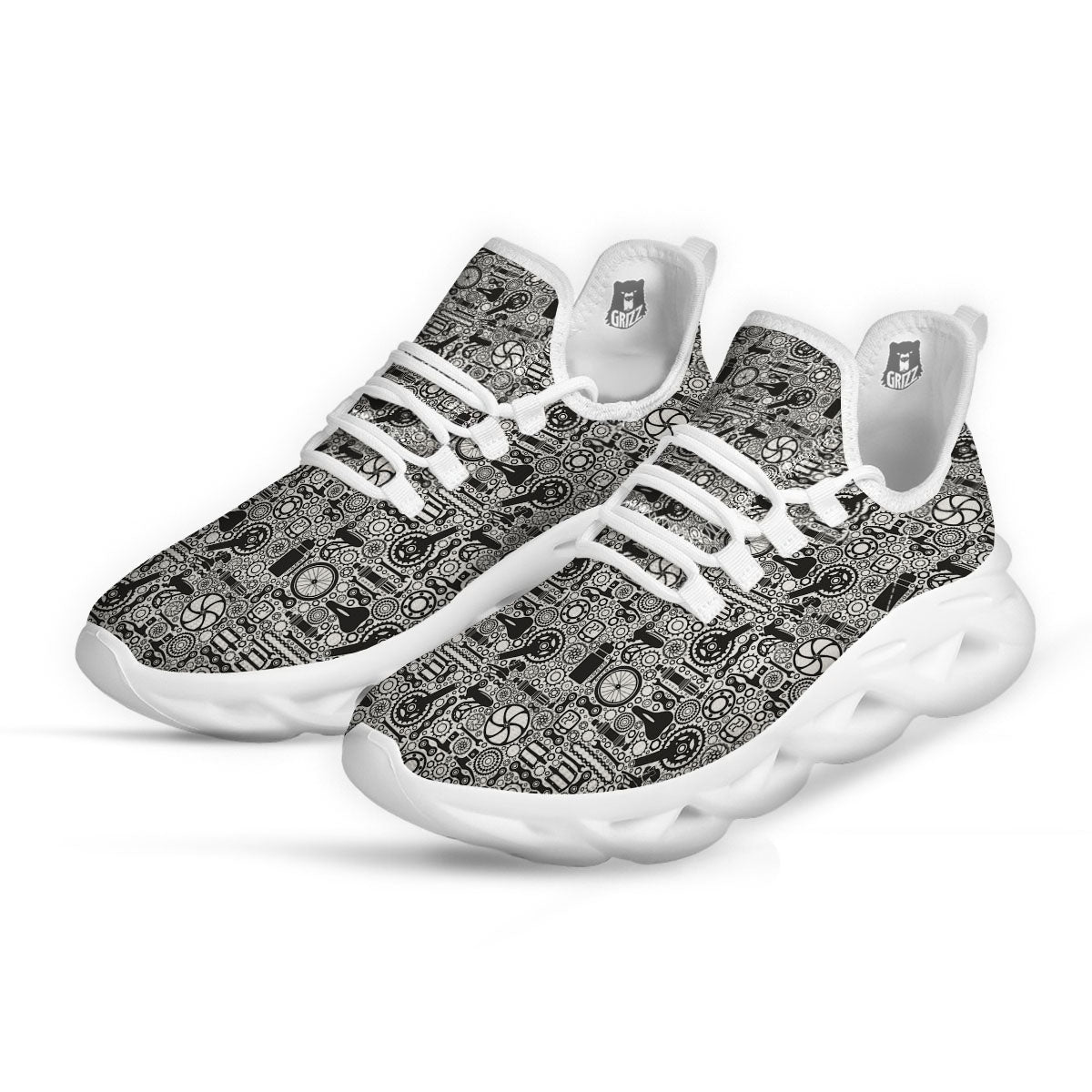 Mechanic White And Black Print Pattern White Running Shoes-grizzshop