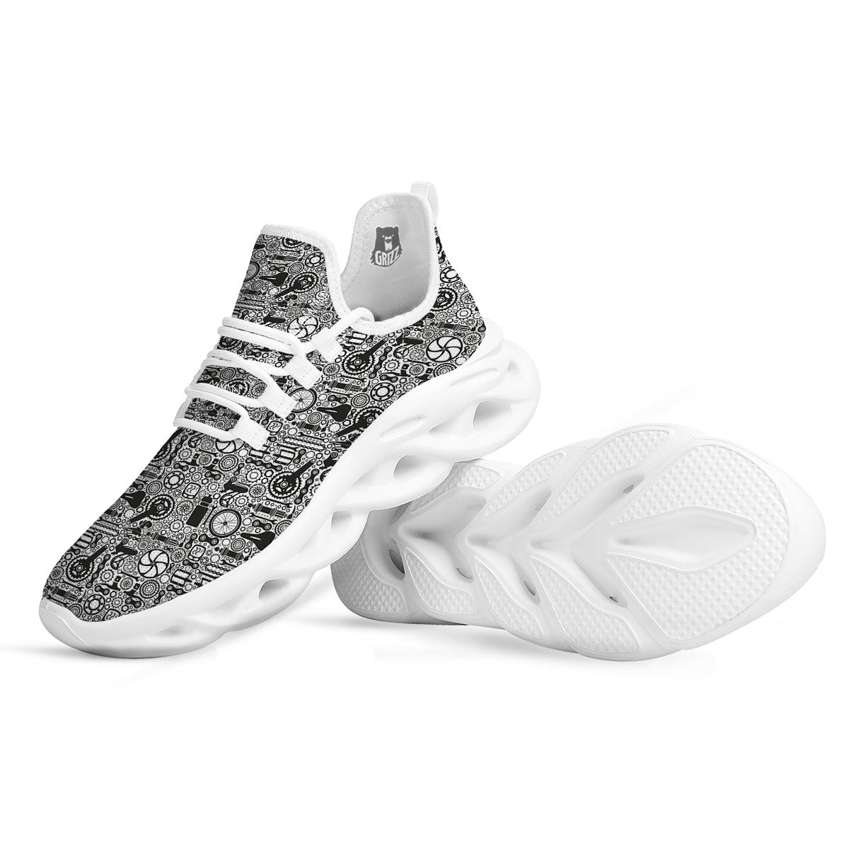 Mechanic White And Black Print Pattern White Running Shoes-grizzshop