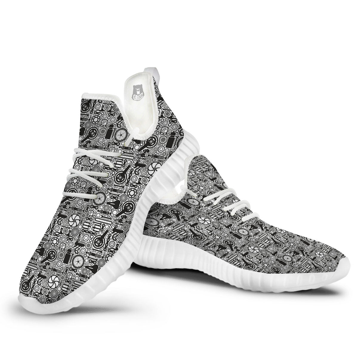 Mechanic White And Black Print Pattern White Walking Shoes-grizzshop