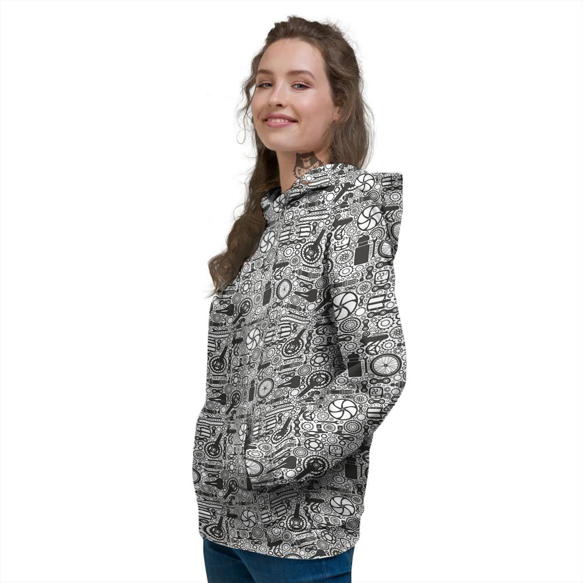 Mechanic White And Black Print Pattern Women's Hoodie-grizzshop