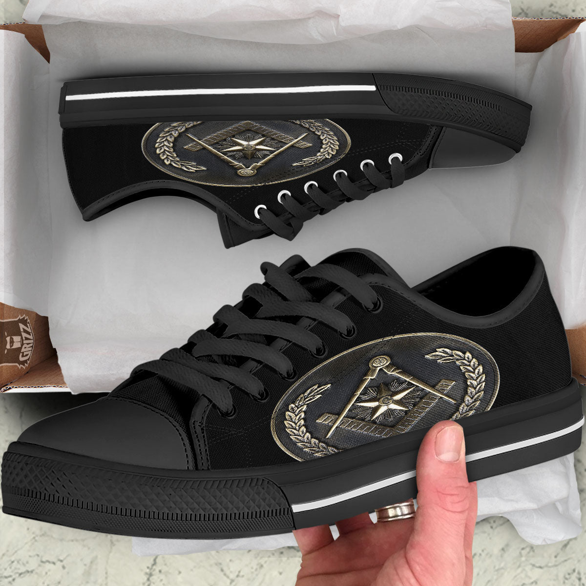 Medal Freemasonry Print Black Low Top Shoes-grizzshop