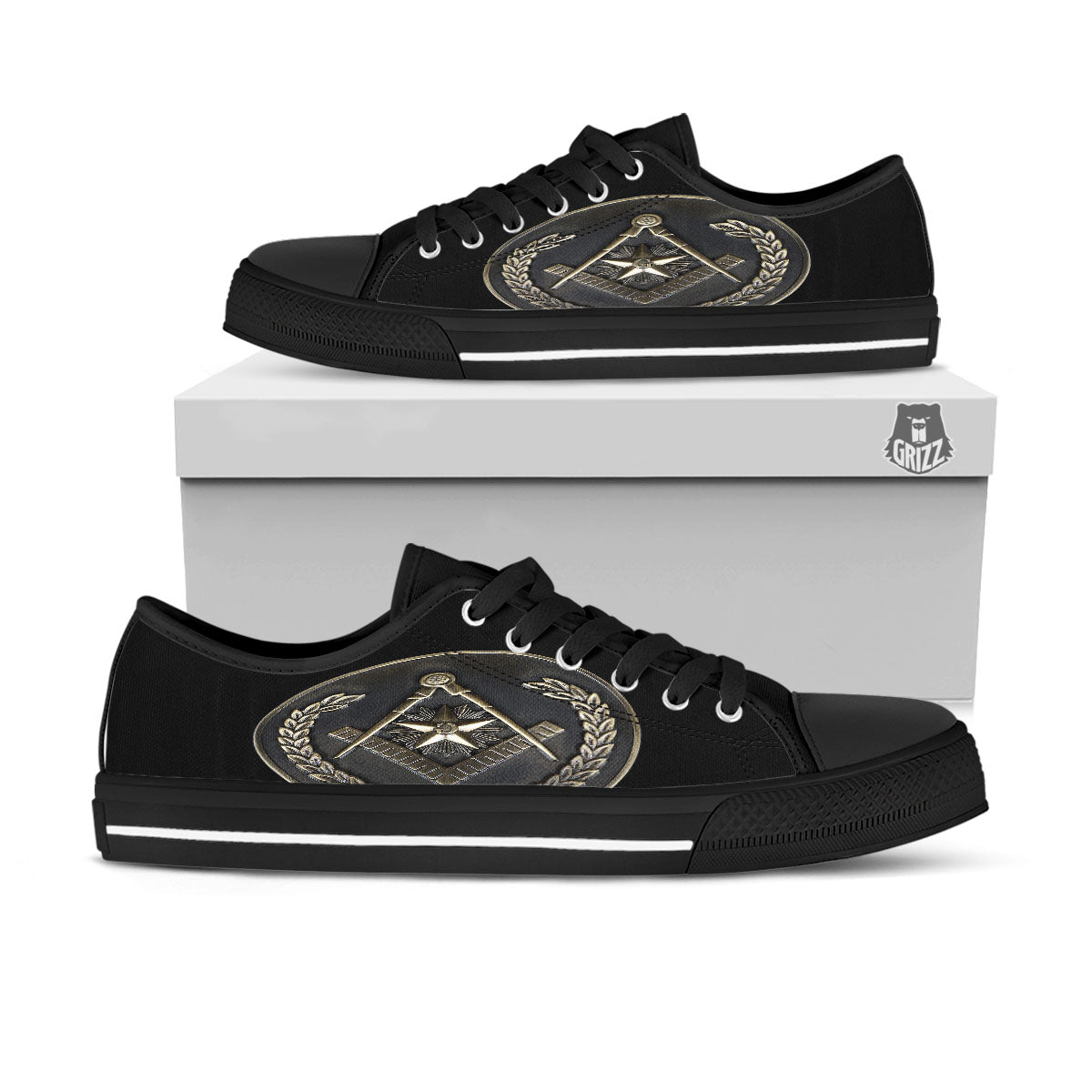 Medal Freemasonry Print Black Low Top Shoes-grizzshop