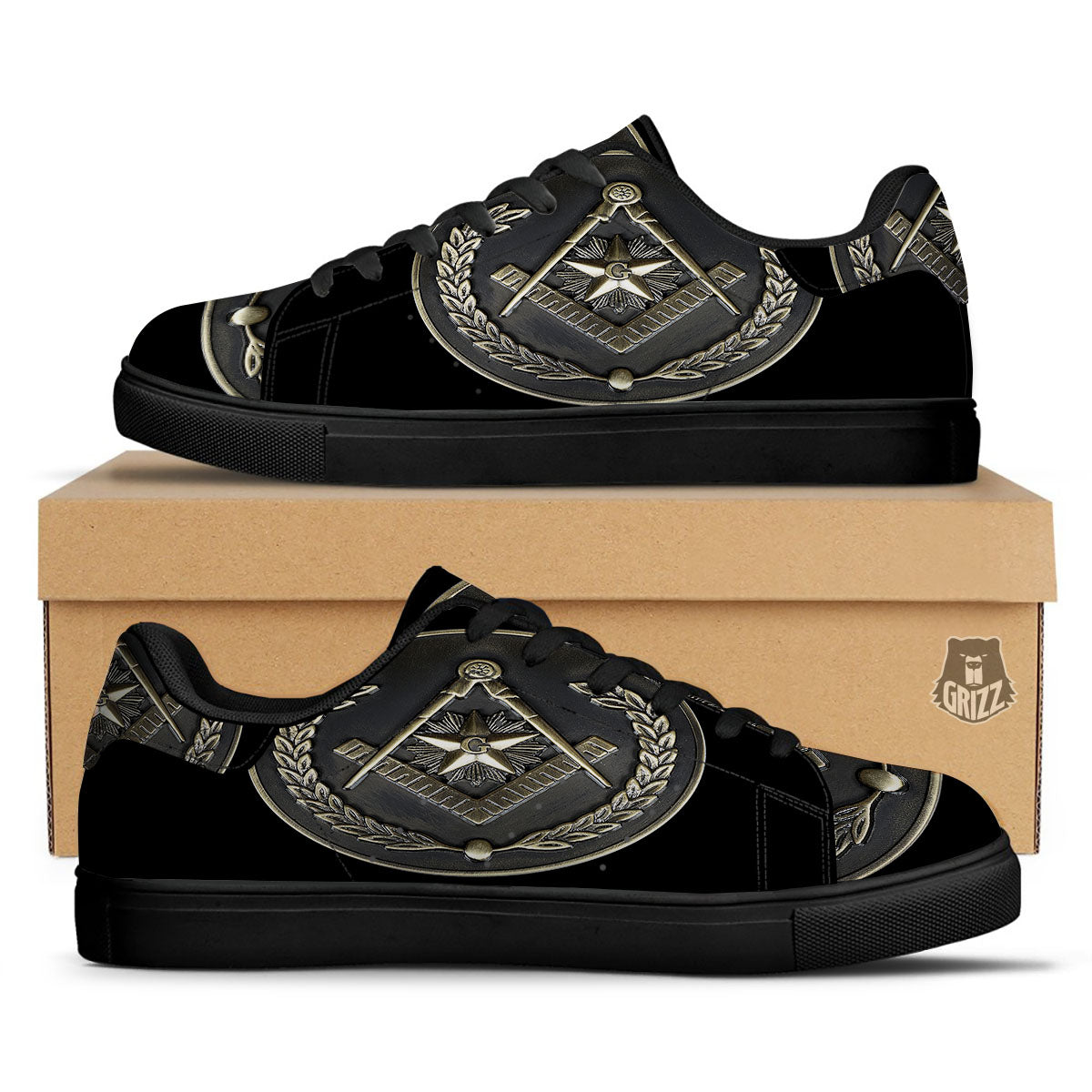 Medal Freemasonry Print Black Low Top Sneakers-grizzshop