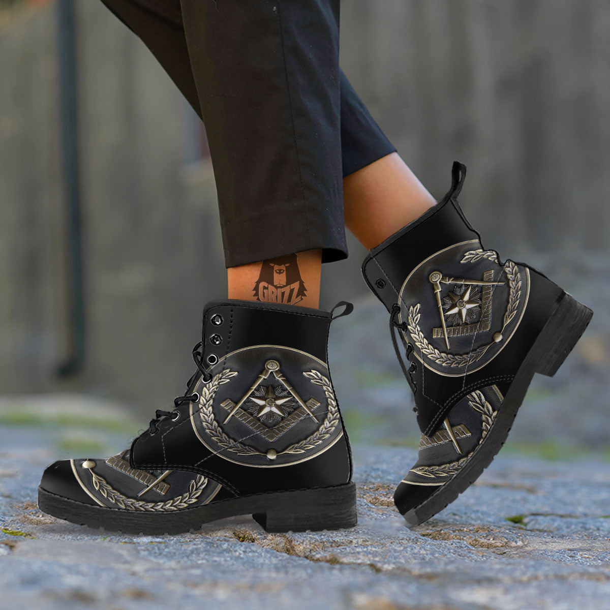 Medal Freemasonry Print Leather Boots-grizzshop