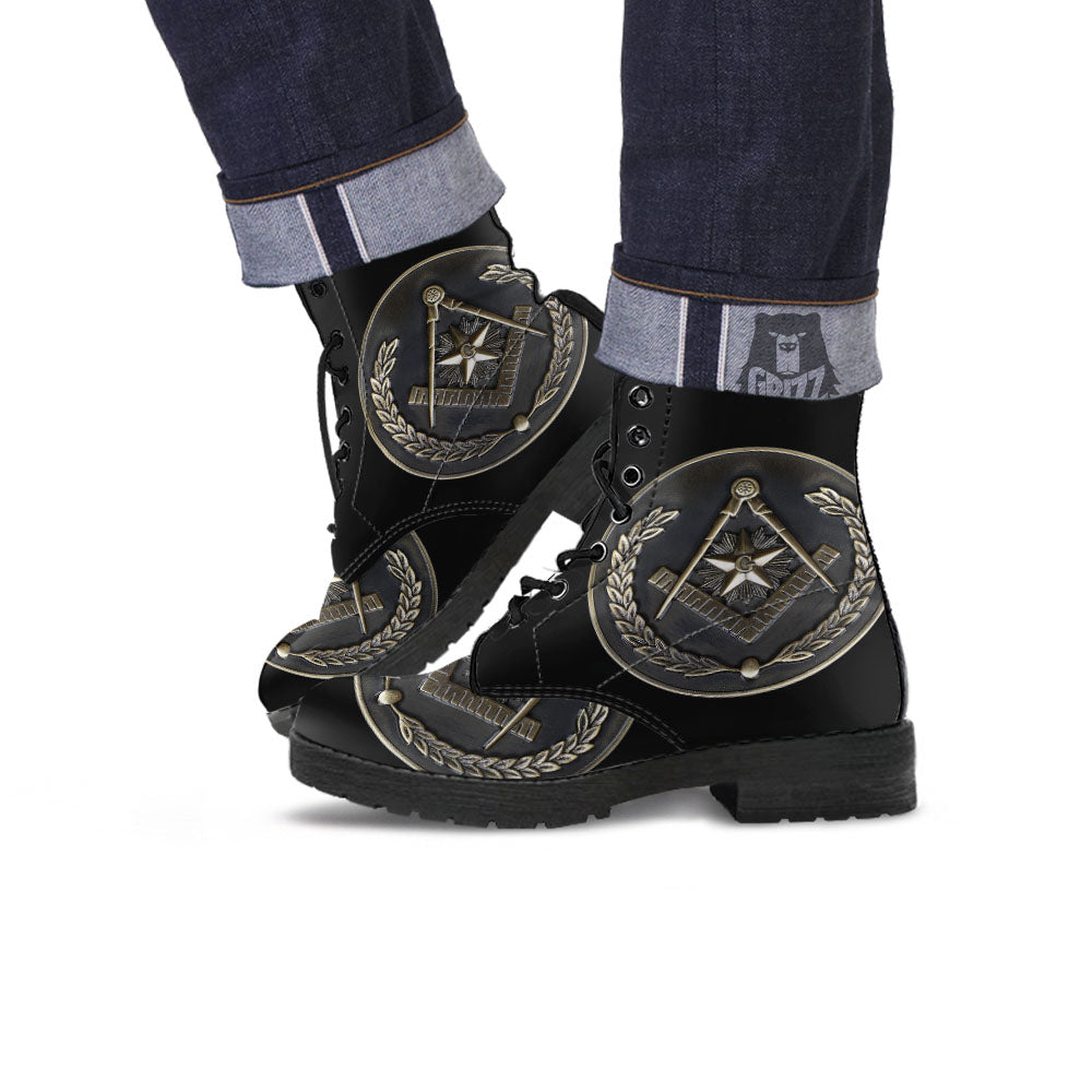 Medal Freemasonry Print Leather Boots-grizzshop