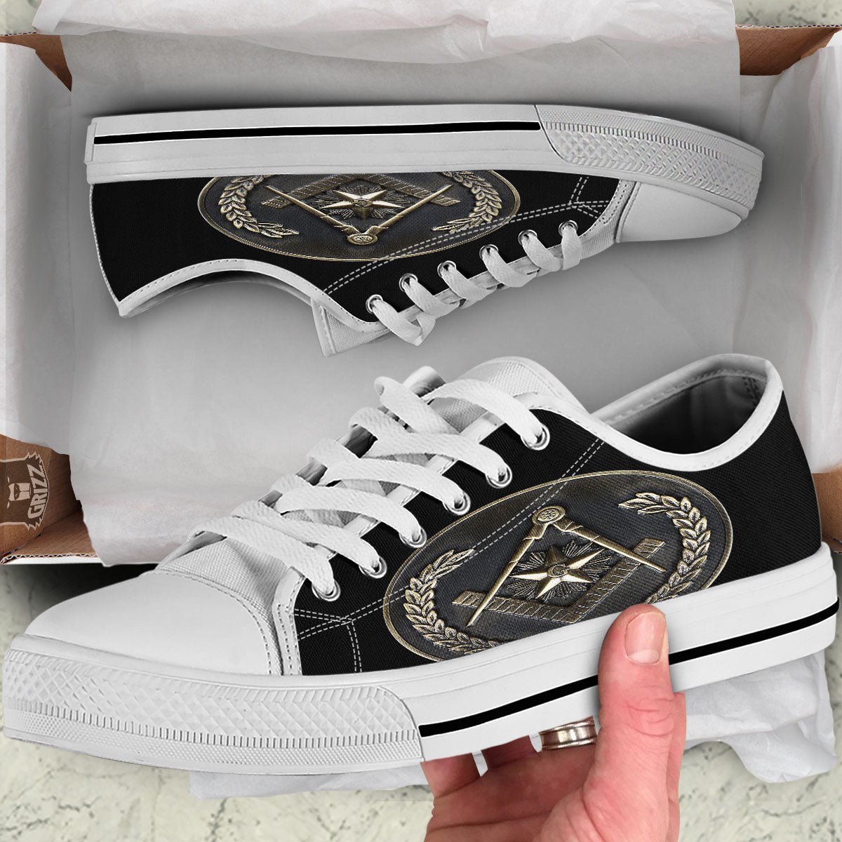 Medal Freemasonry Print White Low Top Shoes-grizzshop