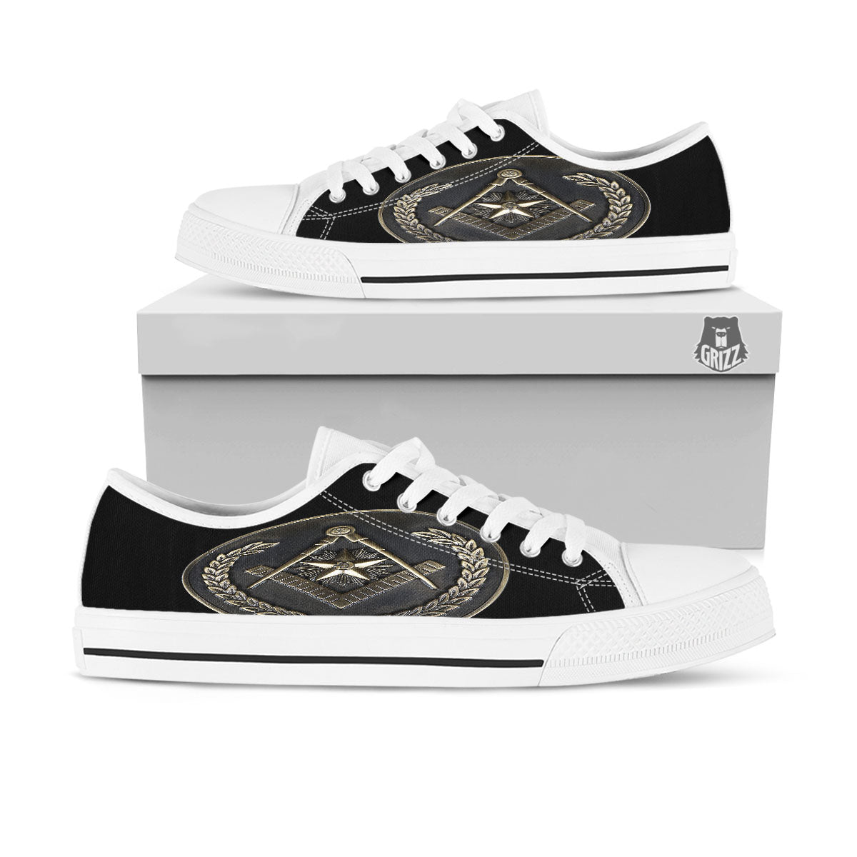 Medal Freemasonry Print White Low Top Shoes-grizzshop